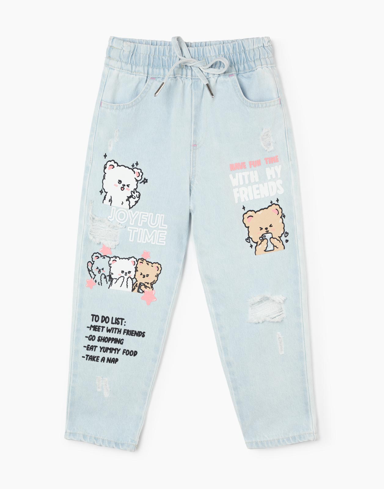 

Рваные джинсы easy fit со шнурком и принтом для девочки р.86, Голубой, GJN028152