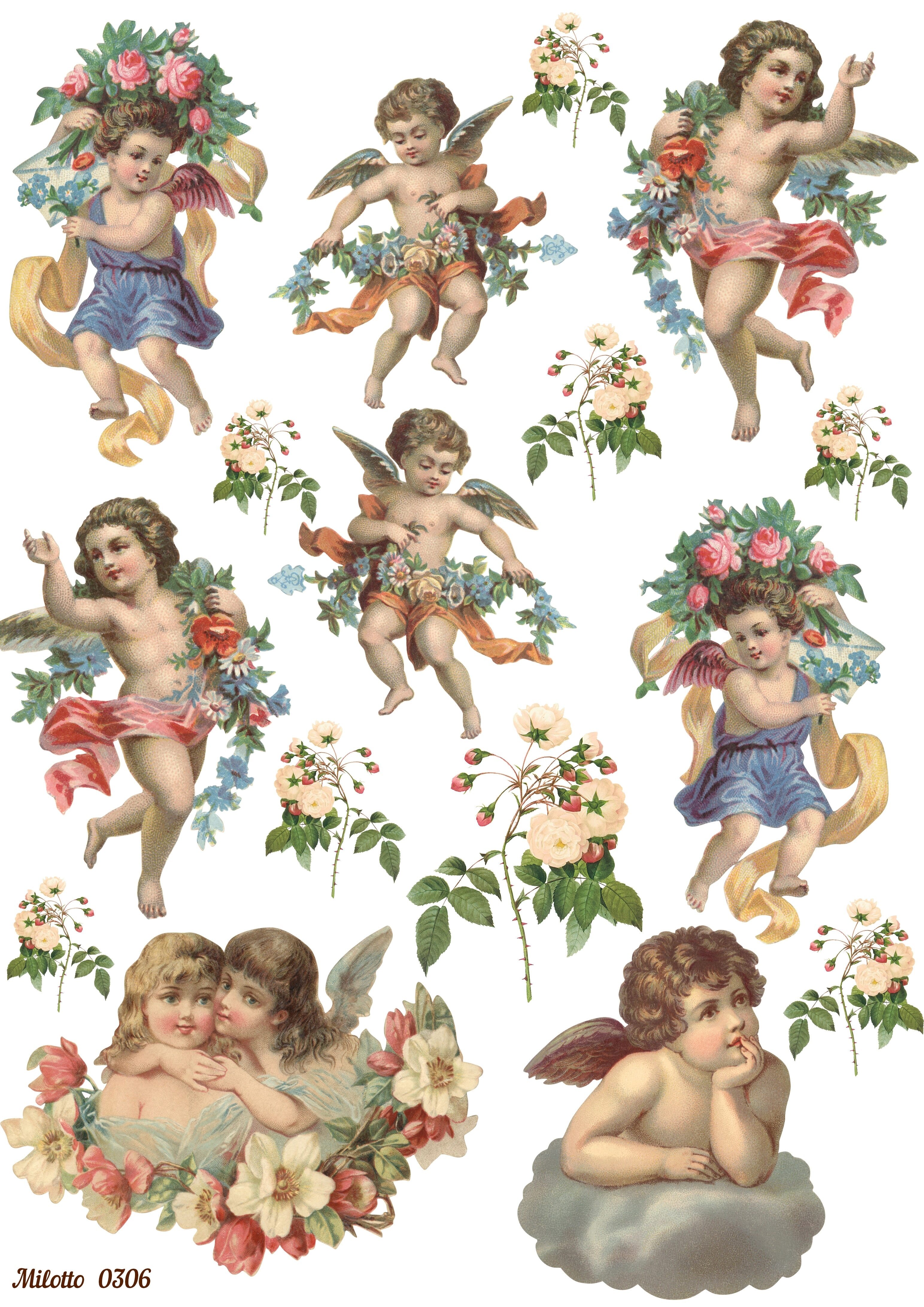 

Рисовая бумага для декупажа карта А4 Milotto 0306 девочка цветы ангел винтаж крафт