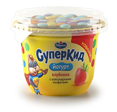 

Йогурт СуперКид клубника с шоколадными конфетами с 3 лет 2% БЗМЖ 103 г