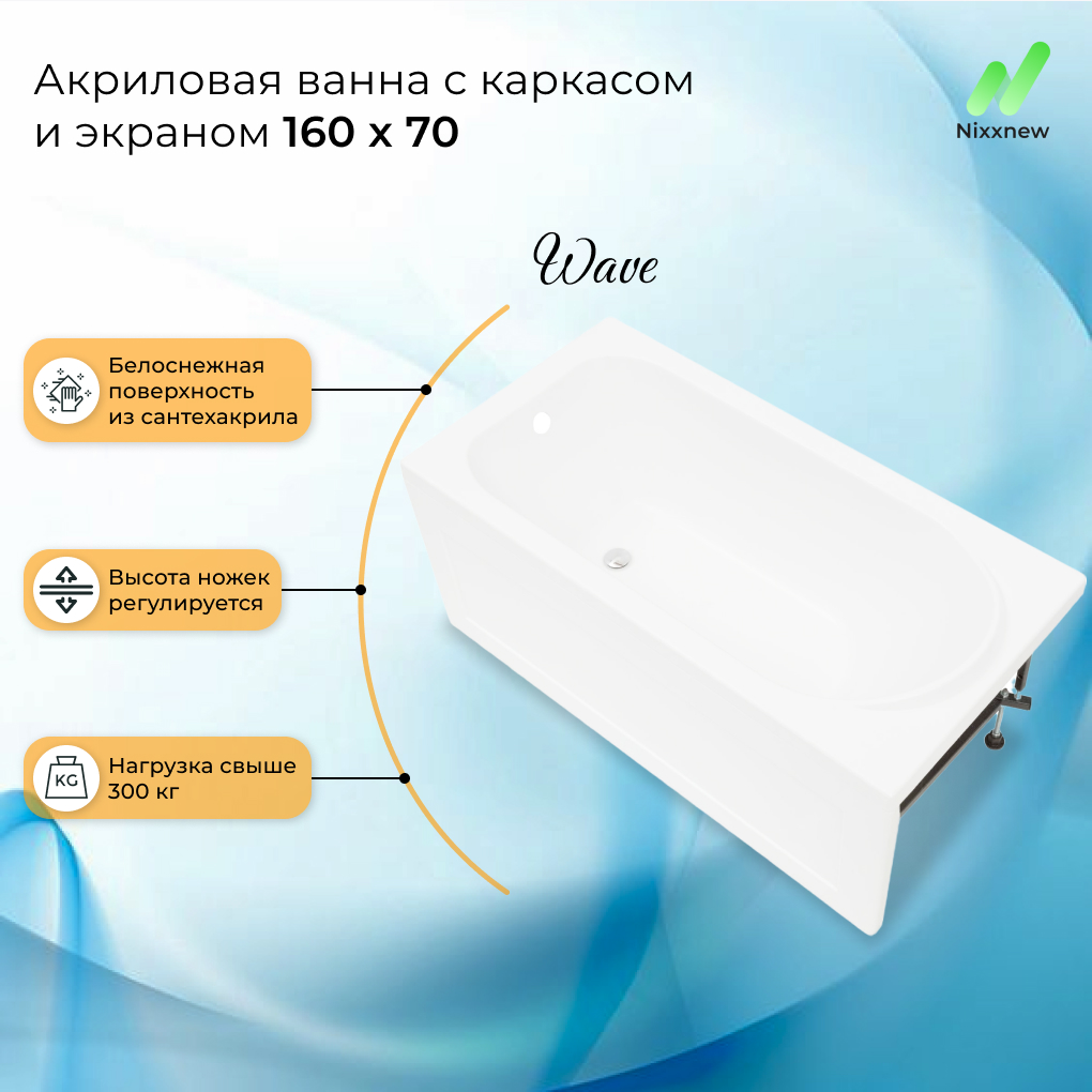 Акриловая ванна Nixx Wave 160x70 с экраном и с каркасом, 00330584и00233623