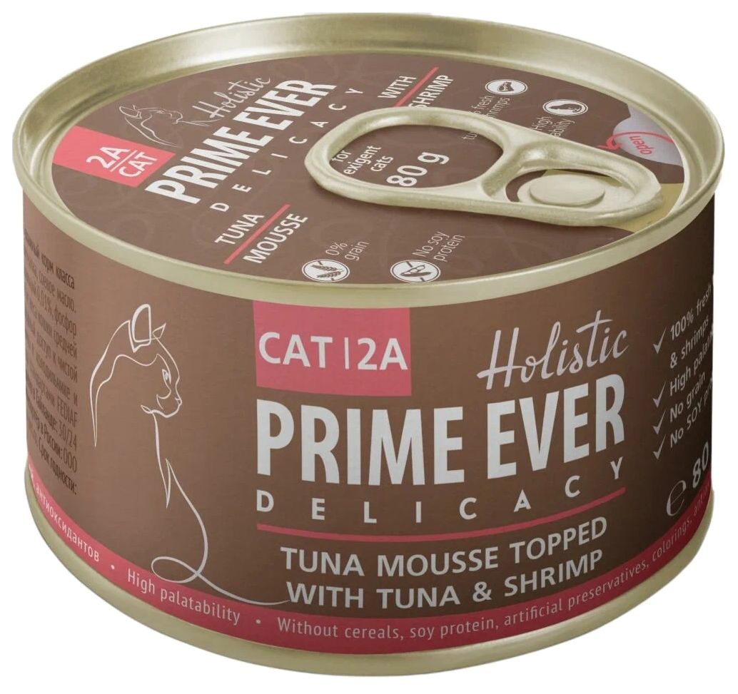 

Консервы для кошек и котят Prime Ever, мусс с тунцом и креветками, 24 шт по 80 г, Delight