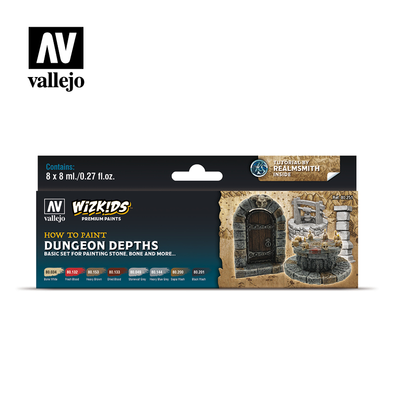 

Wizkids premium set by vallejo: dungeon depths, Белый;красный;коричневый;серый;синий;голубой;черный;бежевый