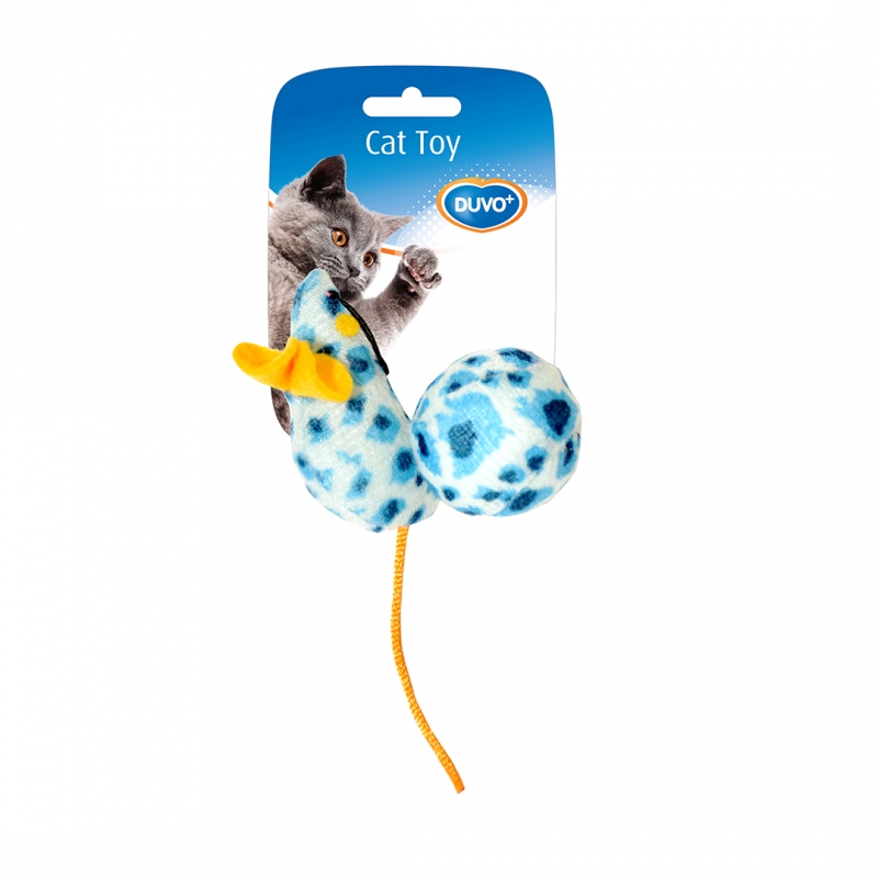 Мягкая игрушка для кошек DUVO+ с кошачьей мятой Мышка и мячик, бело-голубая, 10х4х4см