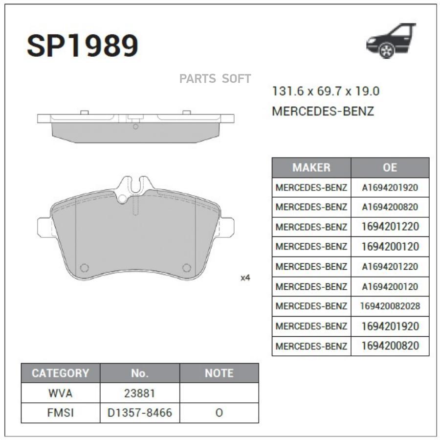 

Колодки Передние Mercedes A W169, B W245 Sp1989 Sangsin brake арт. SP1989