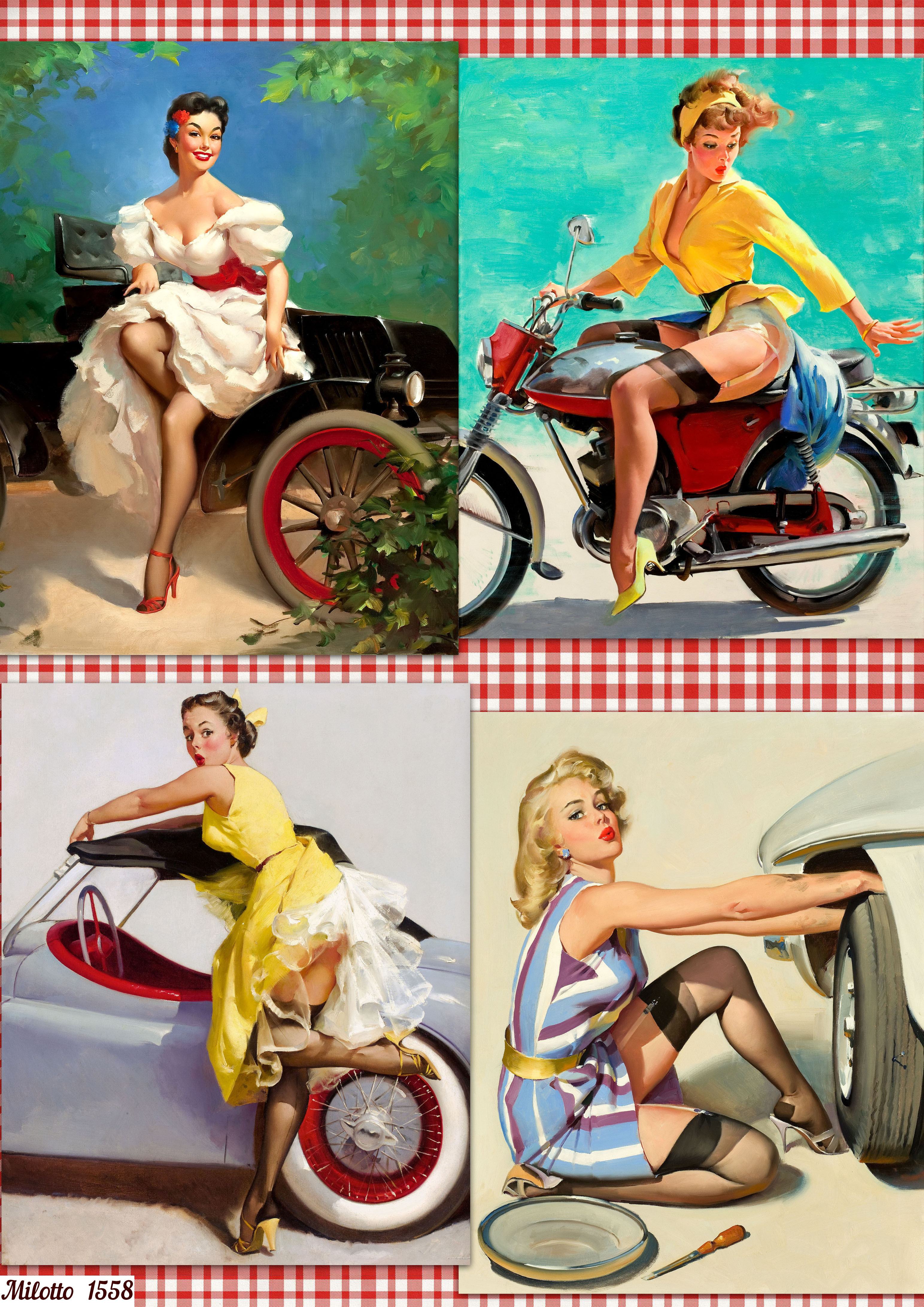 

Рисовая бумага для декупажа А4 Milotto 1558 пинап PinUp девушка мотоцикл автомобиль