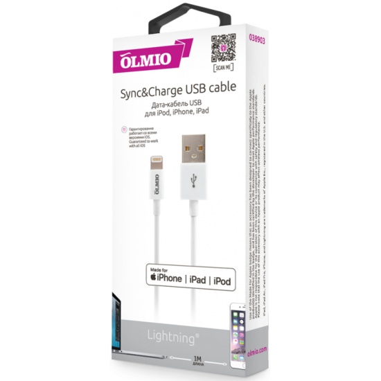 фото Кабель mfi usb 2.0 - apple iphone/ipod/ipad 8pin, 1м, белый, olmio,