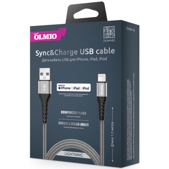 фото Кабель mfi strong usb 2.0 - lightning, 1.2м, olmio,