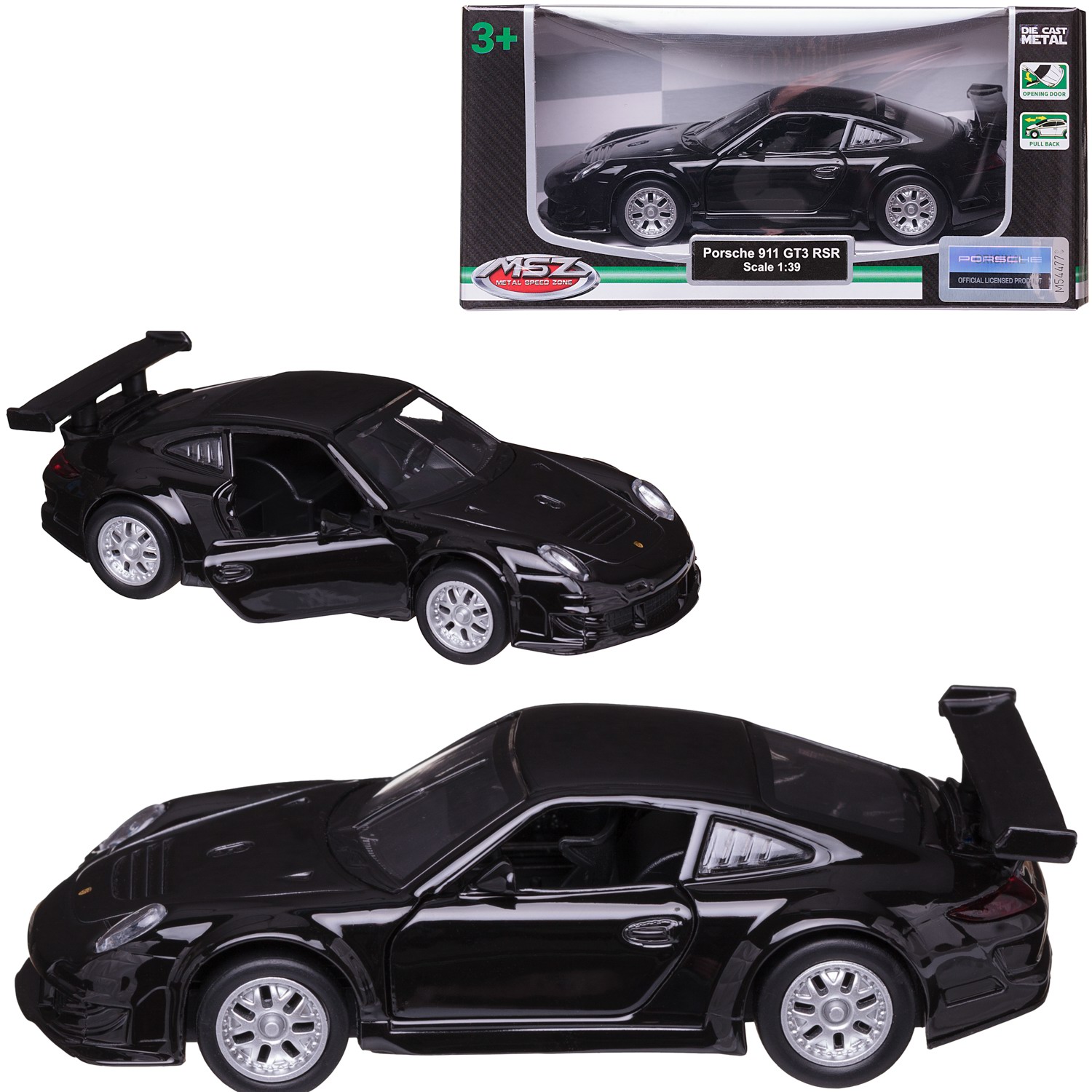 Машинка MSZ серия 1:43 Porsche 911 GT3 RSR металл, чёрная, инерционная, двери открываются