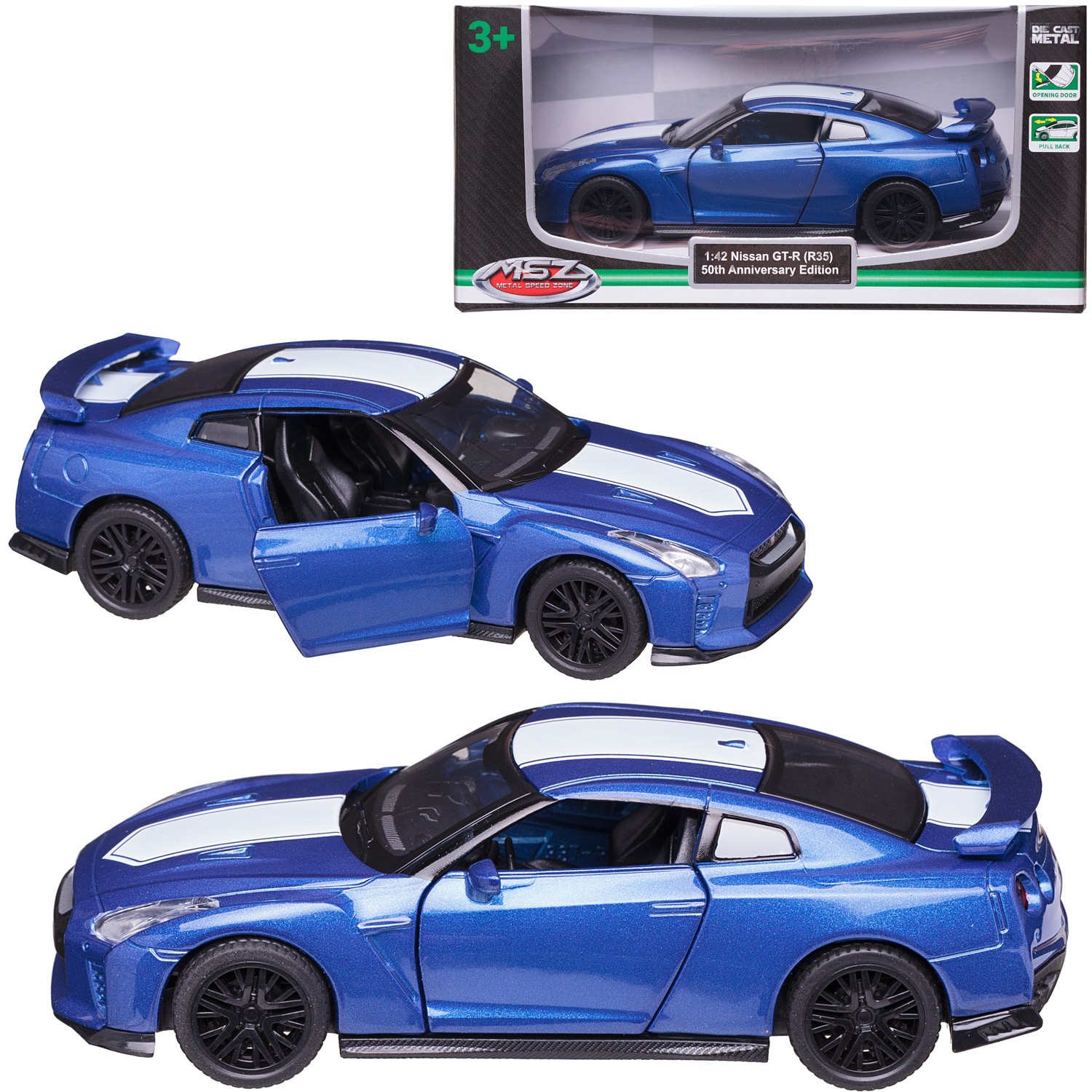 Машинка MSZ серия 1:43 Nissan GT-R, цвет синий, инерционная, двери открываются WE-15967BL