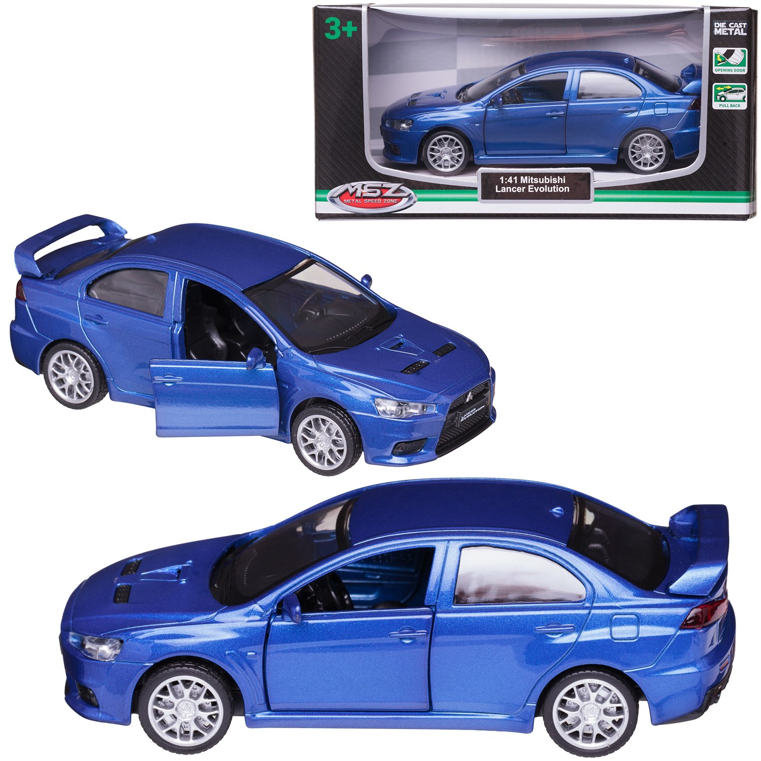 Машинка MSZ серия 1:43 Mitsubishi Lancer evolution, синяя, инерционная, двери открываются