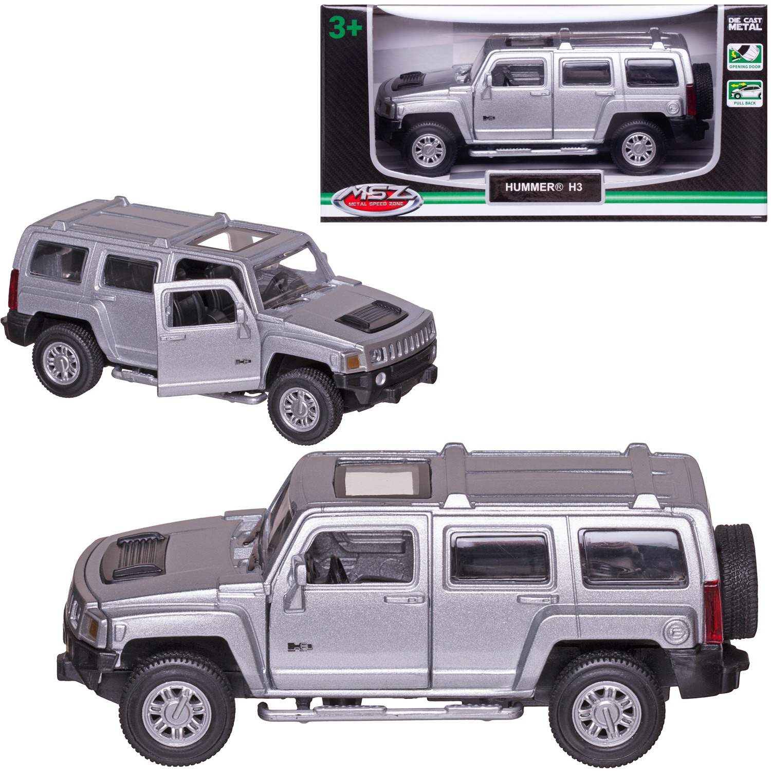 Машинка MSZ серия 1:43 Hummer H3 цвет серебристая, инерционная, двери открываются