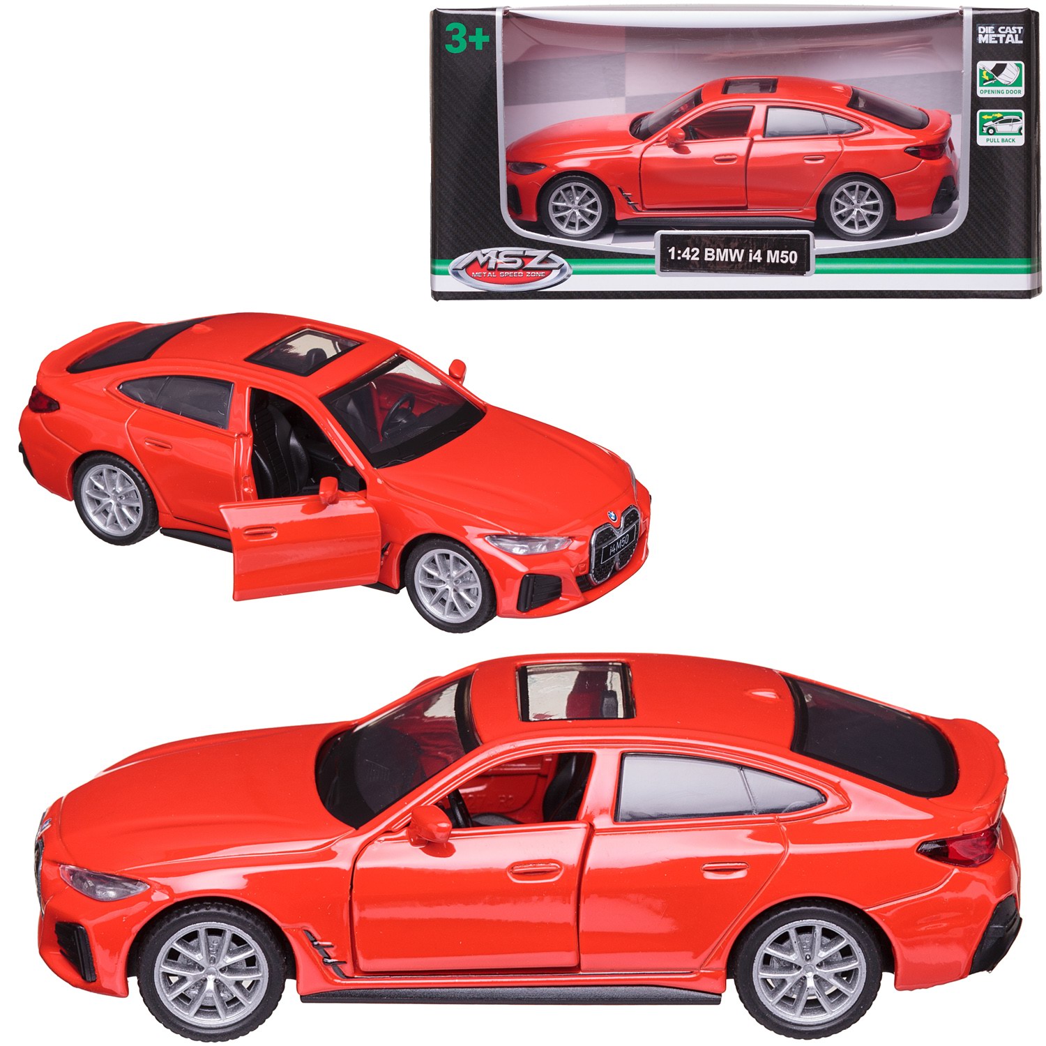 Машинка MSZ серия 1:43 BMW I4 M50, цвет красный, инерционный механизм, двери открываются