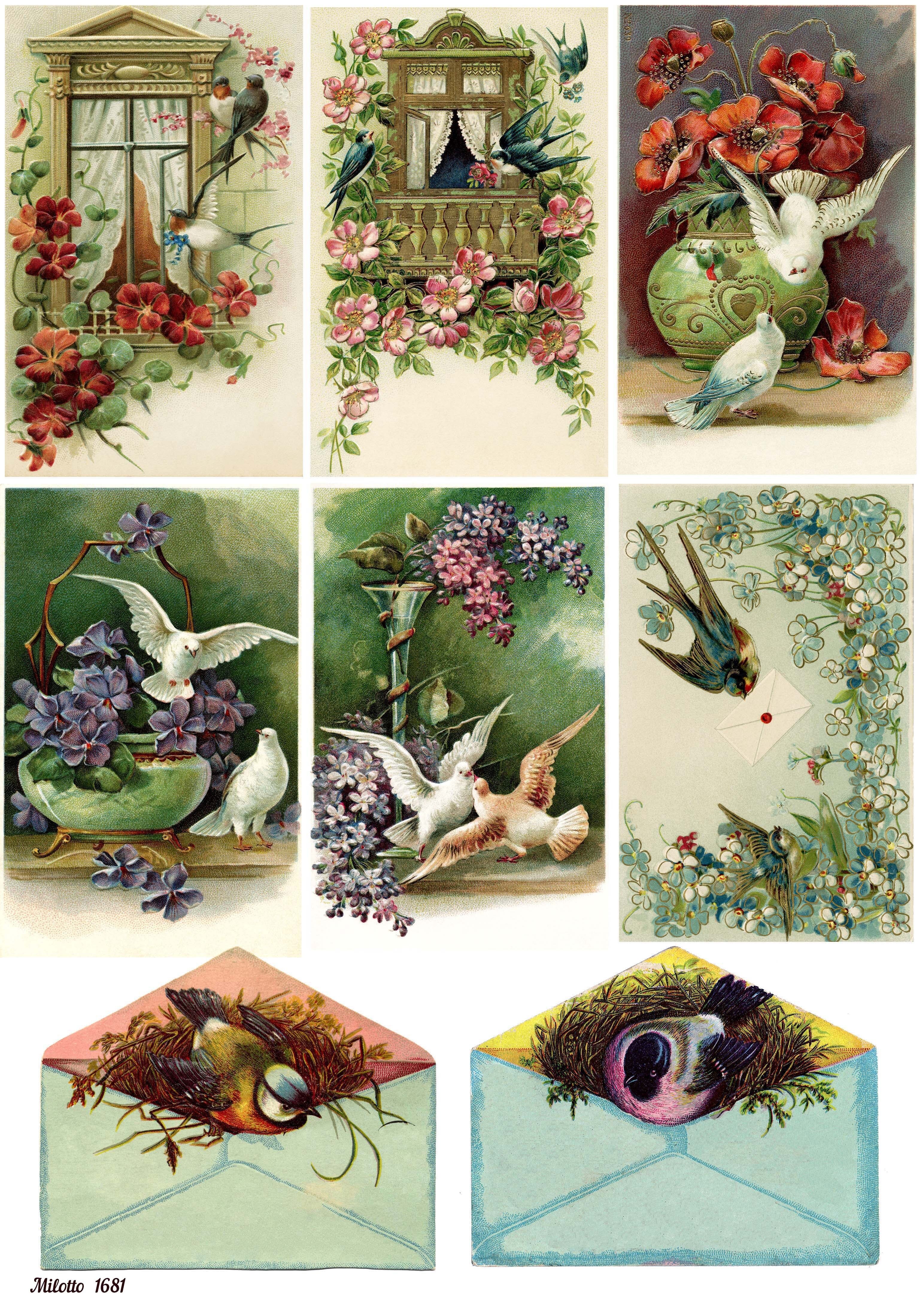 Рисовая бумага для декупажа А4 Milotto 1681 птицы открытки цветы