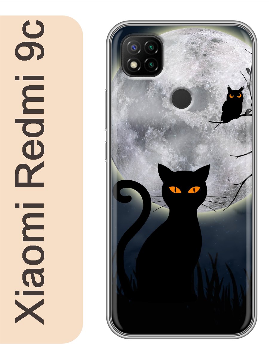 

Чехол на Xiaomi Redmi 9c черный кот луна 779, Прозрачный, red9ccat2