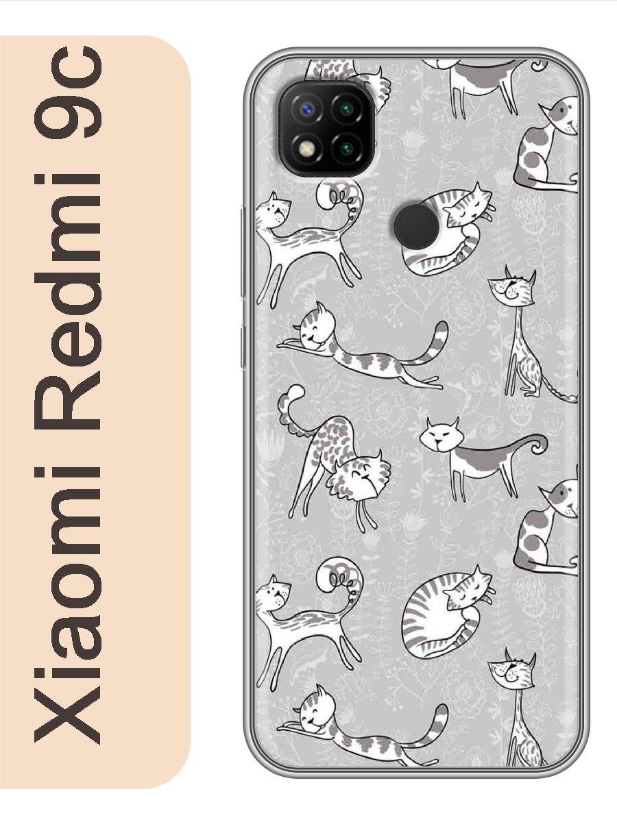 

Чехол на Xiaomi Redmi 9c кошки серый фон 776, Прозрачный, red9ccats