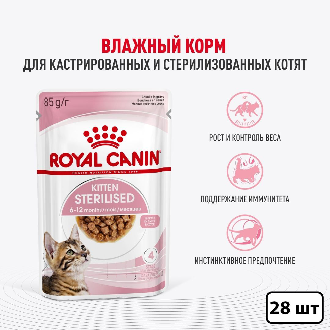 

Влажный корм для стерилизованных котят Royal Canin, кусочки в соусе, 28 шт по 85 гр