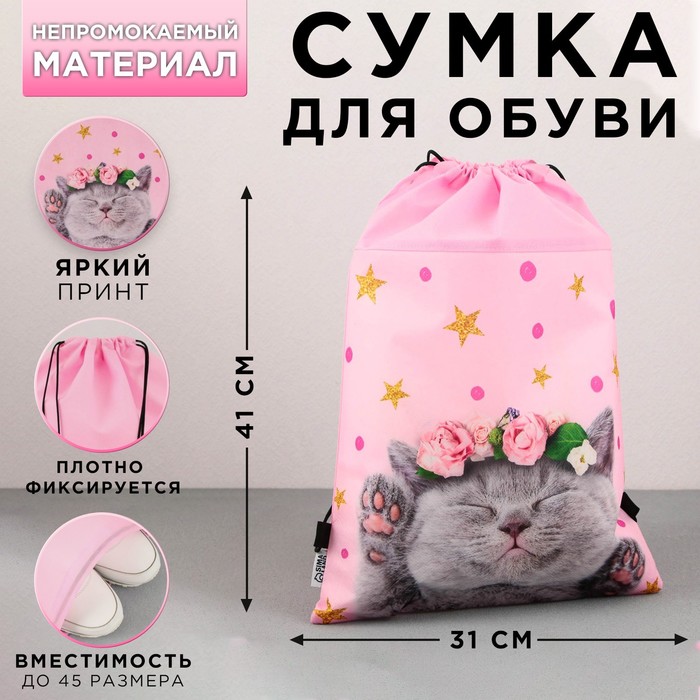 

Сумка для обуви ArtFox STUDY Очаровательный котенок, нетканное полотно, размер 41х31 см, Розовый