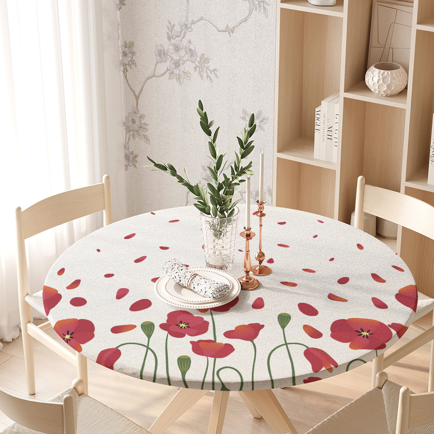 

Скатерть на кухонный стол "Маковое поле" на резинке 105-120 см, Белый