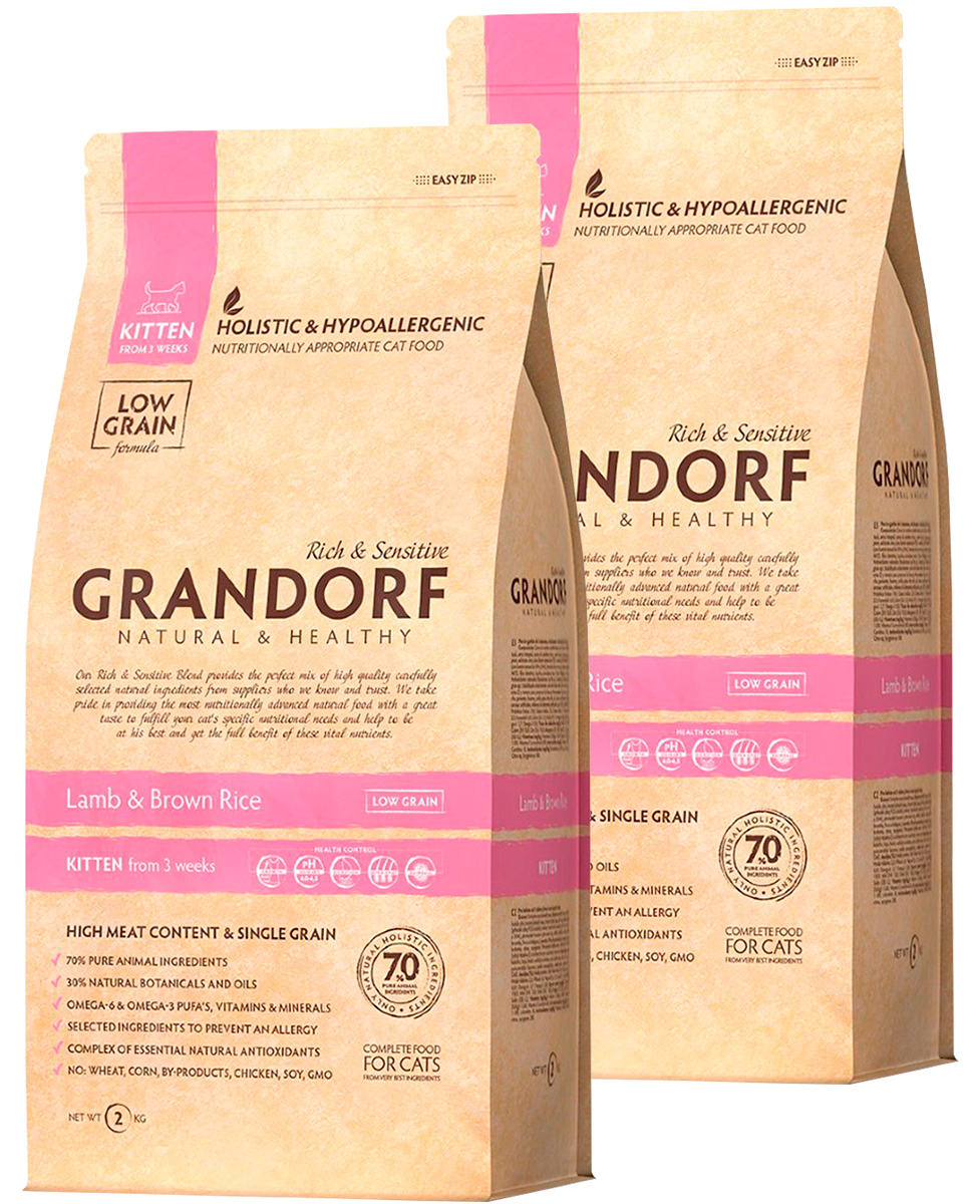 

Сухой корм для котят Grandorf Ягненок с рисом Kitten низкозерновой, 2 шт по 2 кг