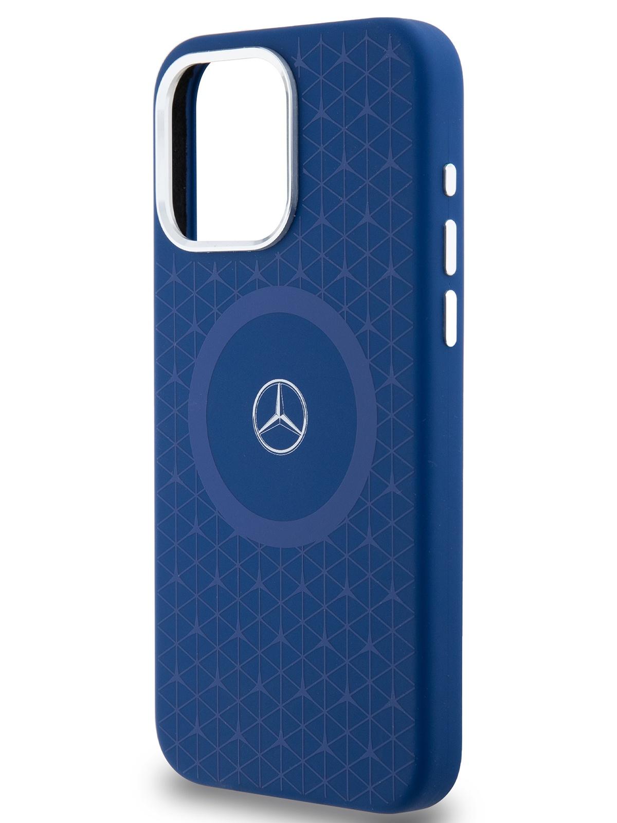 Чехол Mercedes для iPhone 15 Pro Max с эффектом Soft touch и MagSafe Hard Navy