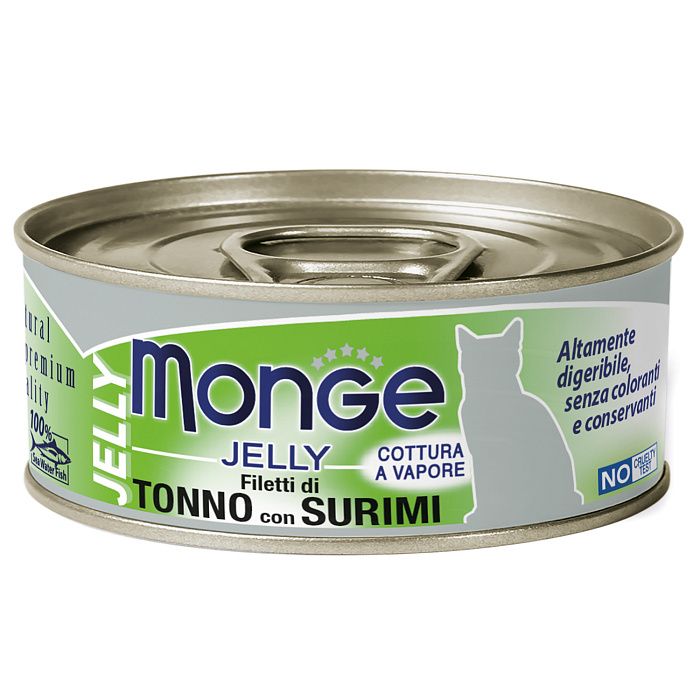 Влажный корм для кошек Monge jelly Adult cat, желтоперый тунец, сурими, 24шт по 80г