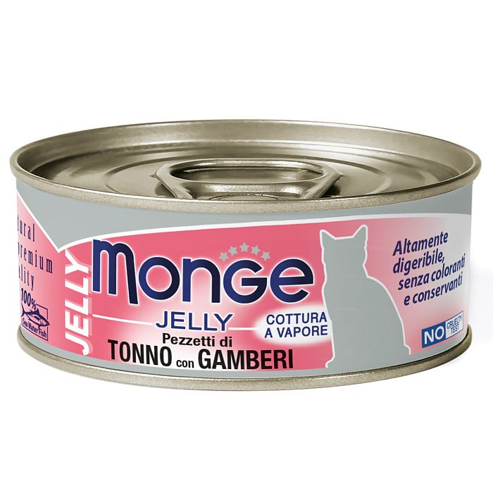 Влажный корм для кошек Monge jelly Adult cat, желтоперый тунец, креветки, 24шт по 80г