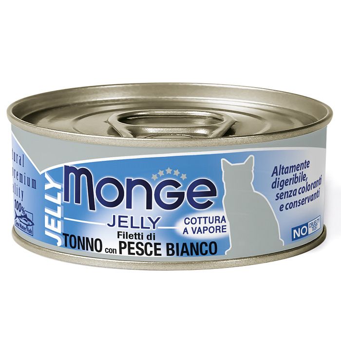 Влажный корм для кошек Monge jelly Adult cat, желтоперый тунец, белая рыба, 24шт по 80г