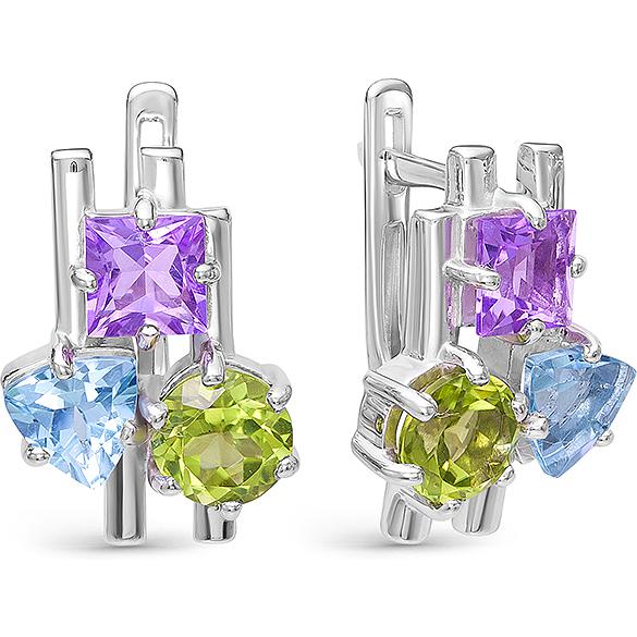 

Серьги женские из серебра АЛЬКОР 02-0396, хризолит/топаз/аметист, 02-0396