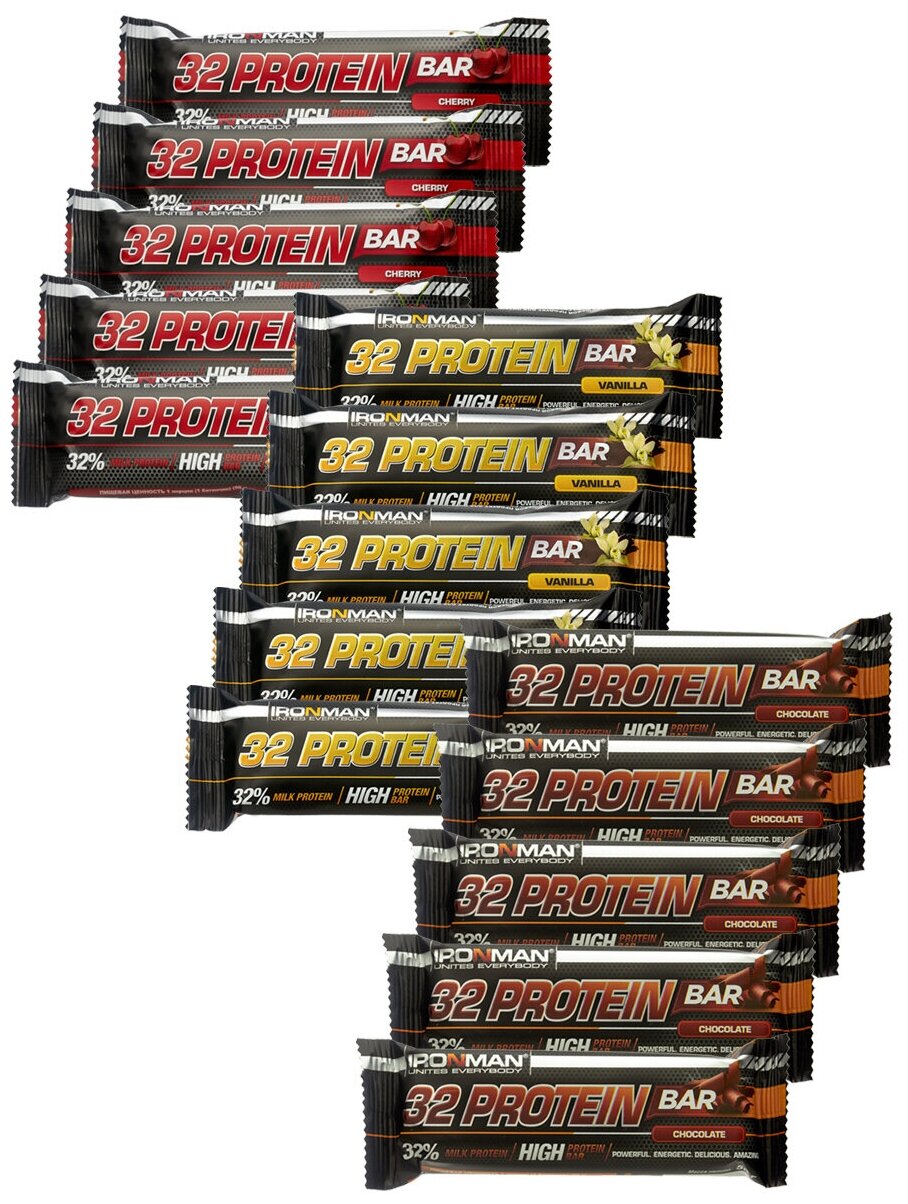 фото Протеиновый батончик ironman 32% protein bar ассорти 15х50г (ваниль, фрукты, шоколад)