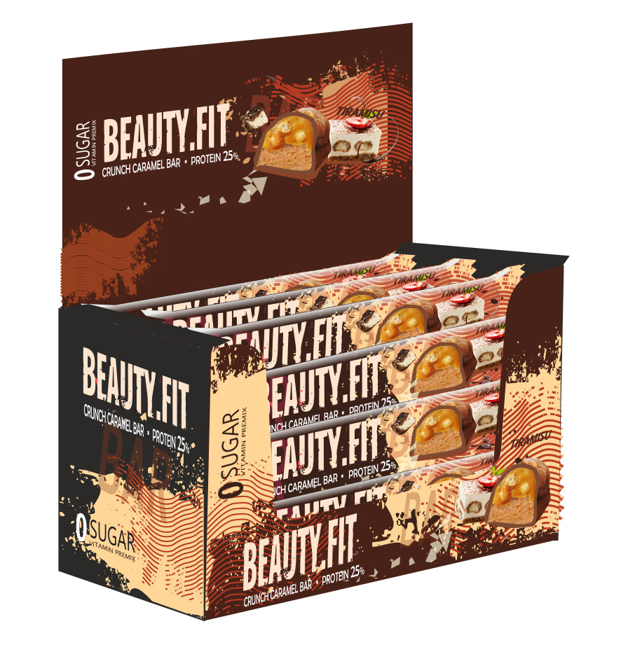 фото Протеиновые батончики кранч beauty fit / protein bar 25%, 12х60г (тирамису) nuts & caramel beauty.fit