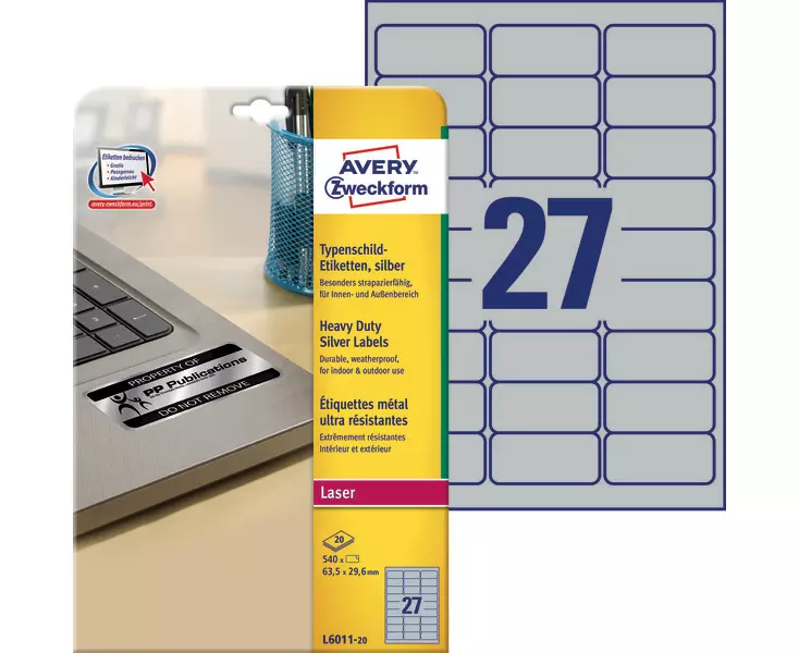 Серебристые полиэстерные этикетки Avery Zweckform 63.5x29.6 мм (27 шт. на A4, 20 листов)
