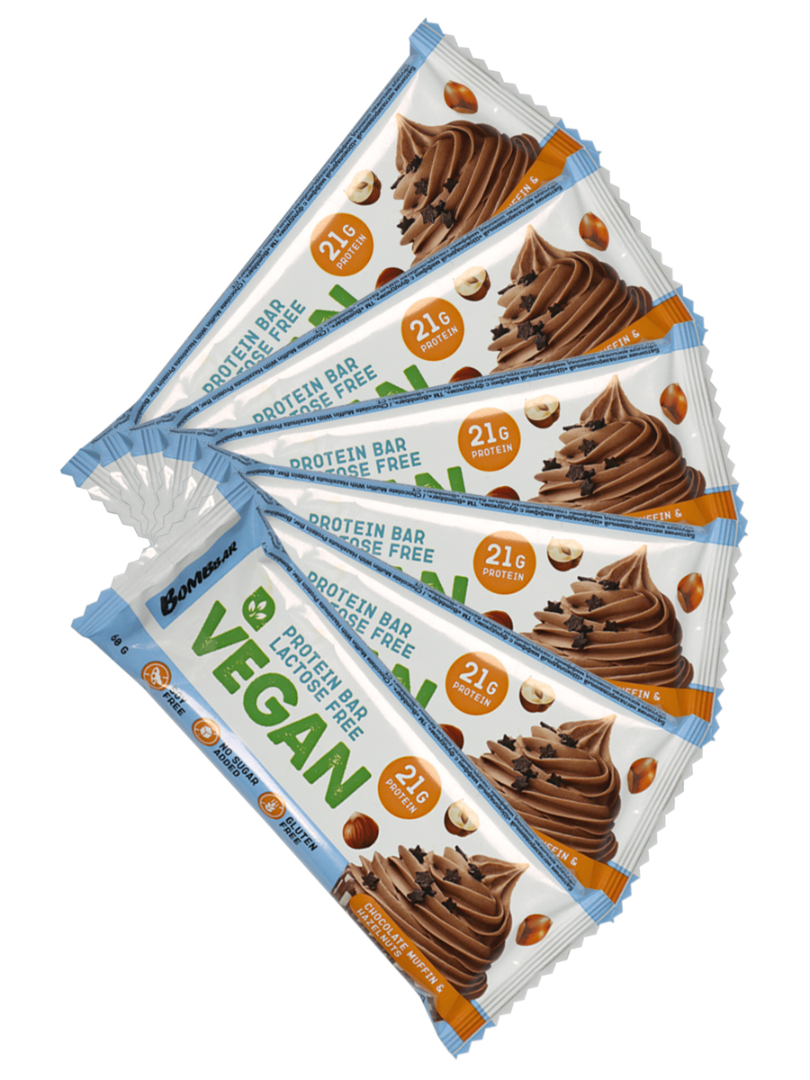 фото Протеиновый батончик bombbar vegan protein bar, 6шт по 60г (шоколадный маффин с фундуком)