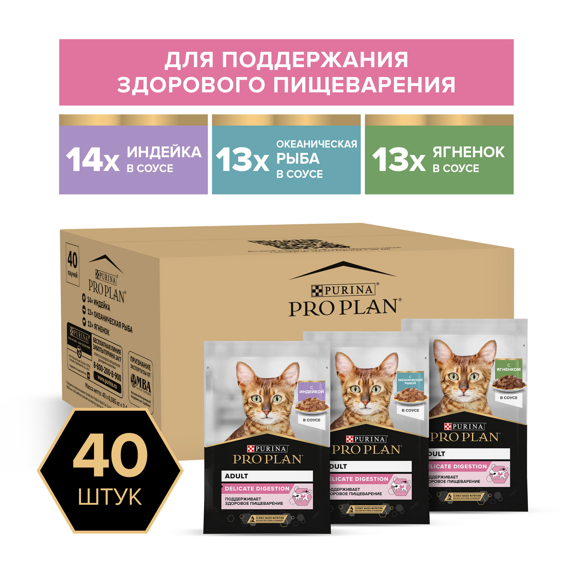 

Влажный корм Pro Plan Delicate для кошек, с индейкой, ягнёнком, рыбой в соусе, 85 г*40 шт