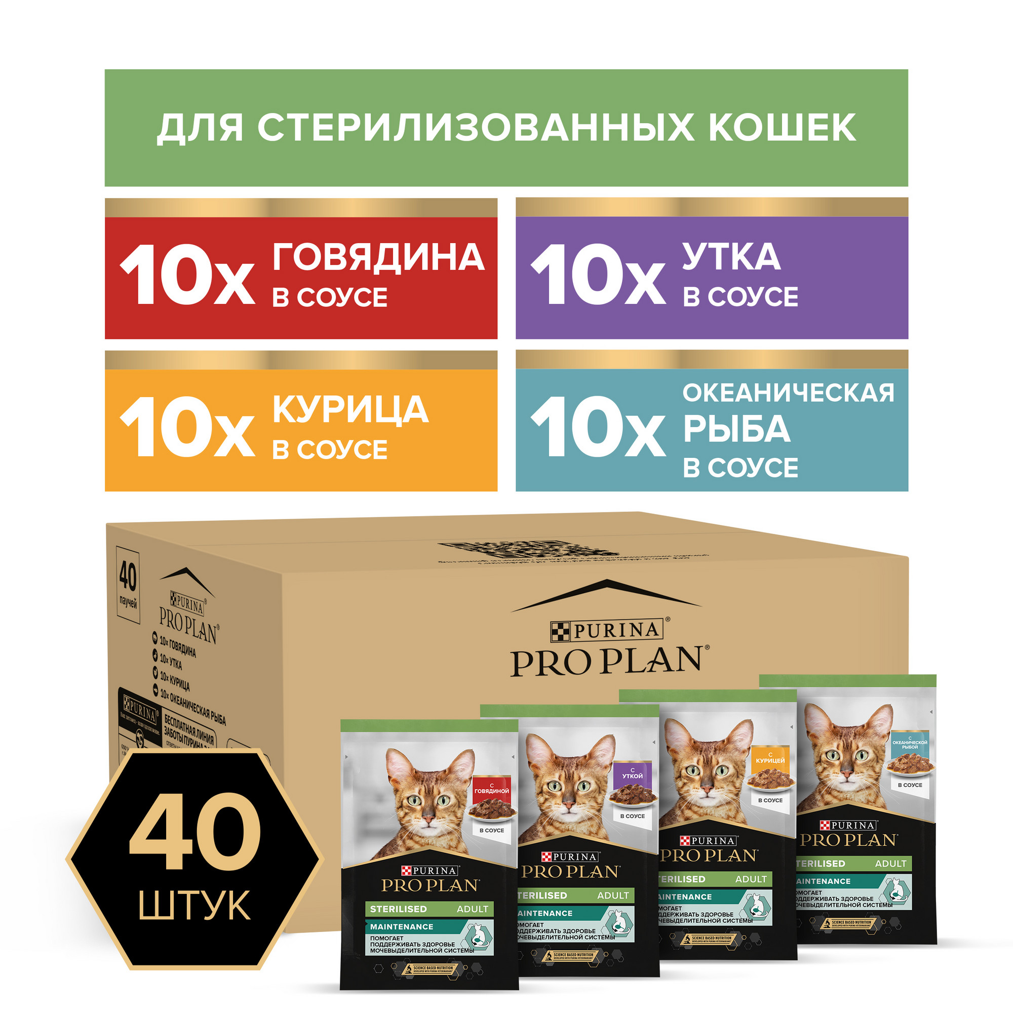 Влажный корм Pro Plan Sterilised для кошек, говядина, курица, утка, рыба в соусе, 85г*40шт