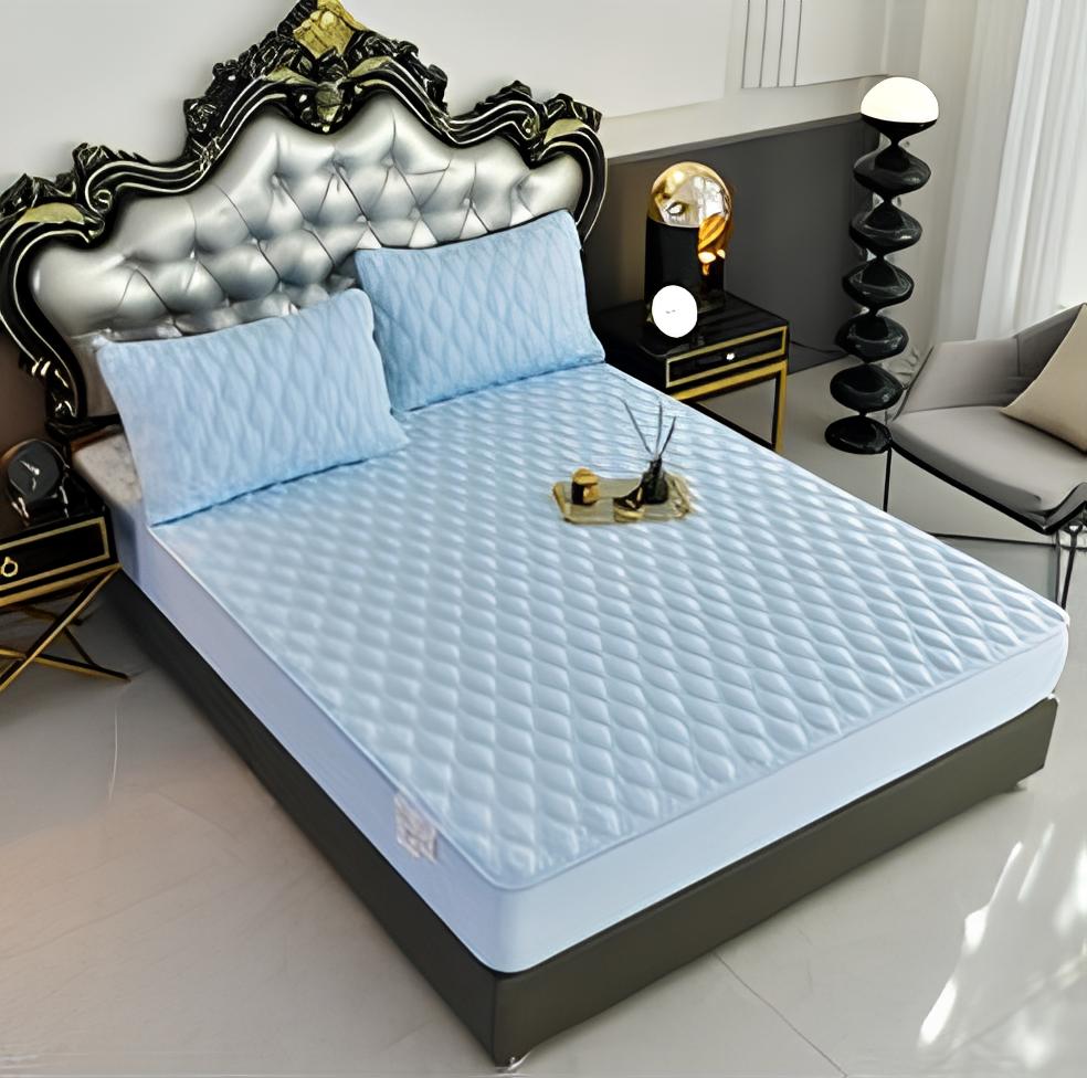 Наматрасник из стеганого хлопка с бортом на резинке, голубой, 180х200 см