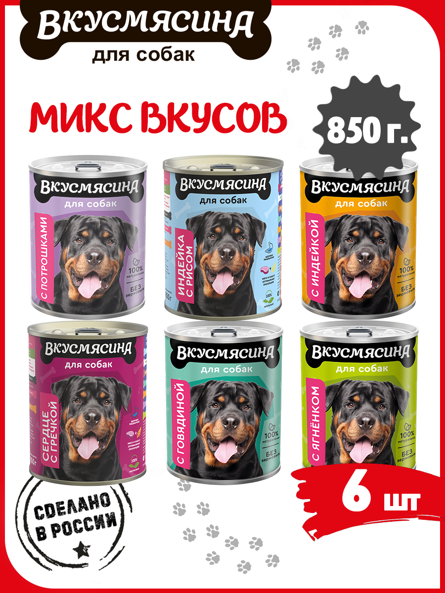 Консервы для собак, ВКУСМЯСИНА, микс из 6 вкусов, 6 шт по 850 г