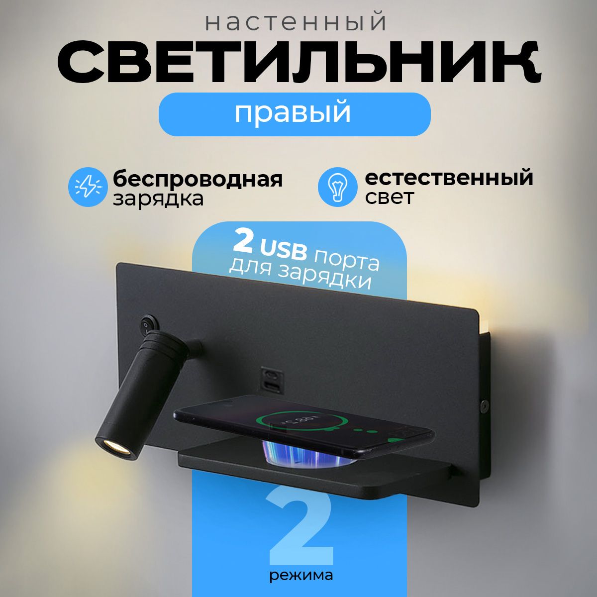 Светильник настенный LOID SBZ Right с беспроводной зарядкой и USB