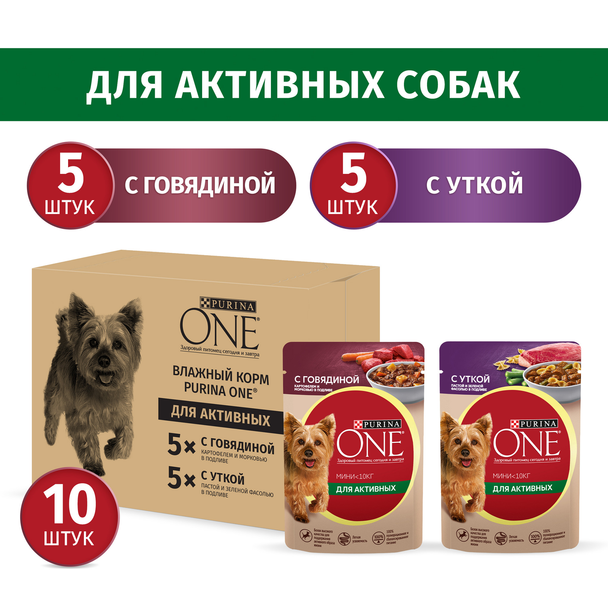 

Влажный корм для собак Purina ONE, говядина 5 шт по 85 г, утка 5 шт по 85 г, Для активных