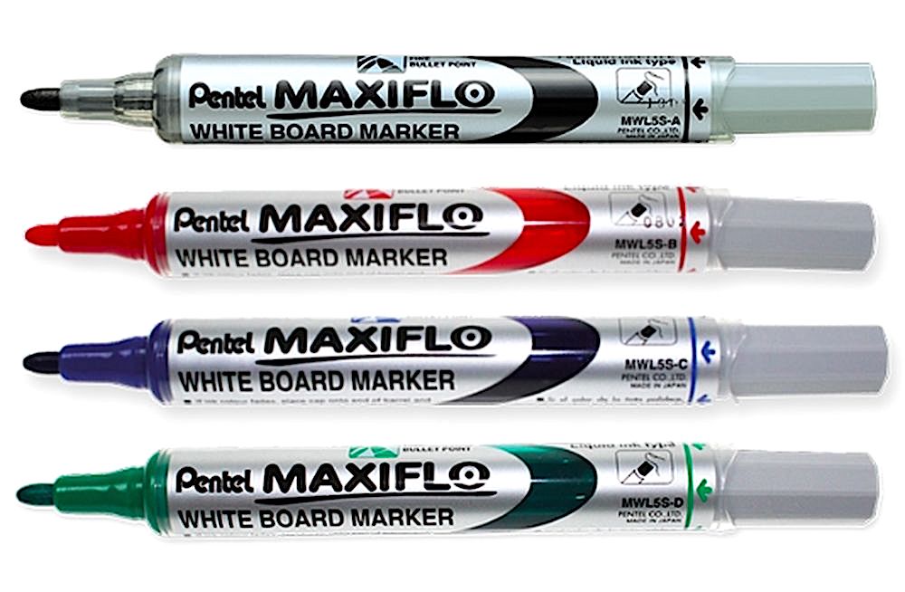 

Набор маркеров для досок Pentel Maxiflo 4 цв., с магнитной губкой, 4 мм, пулевидный, Разноцветный