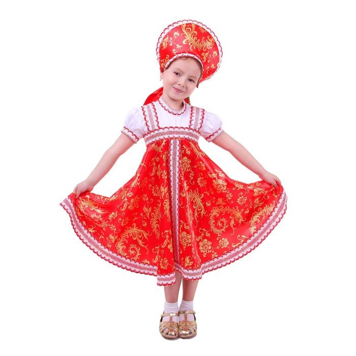 фото Русский народный костюм с кокошником красно-бежевые узоры р-р 64 рост 122-128 см страна карнавалия