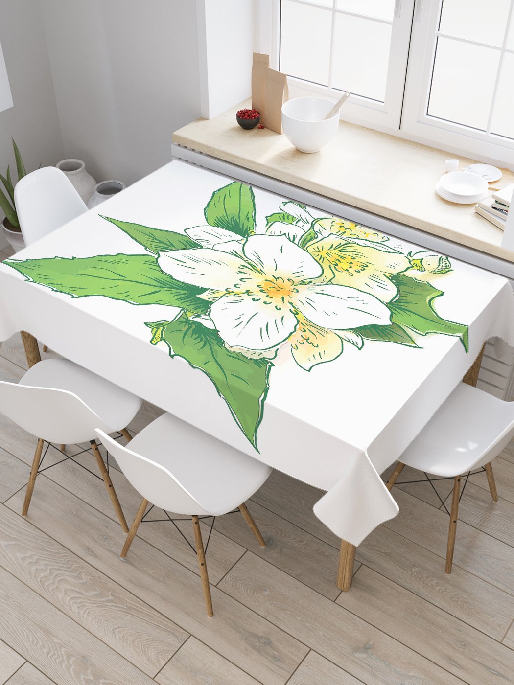 

Скатерть прямоугольная JoyArty "Букетик жасмина" из сатена, 120x145 см, Белый, Букетик жасмина