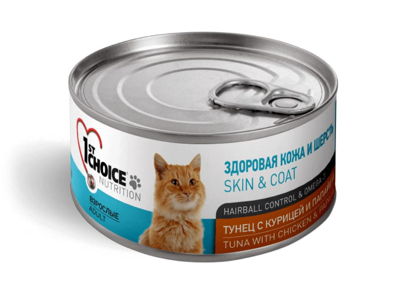 

Консервы для кошек 1st choice Skin & Coat, тунец с курицей и папайей, 12шт по 85г, Skin & Coat Adult