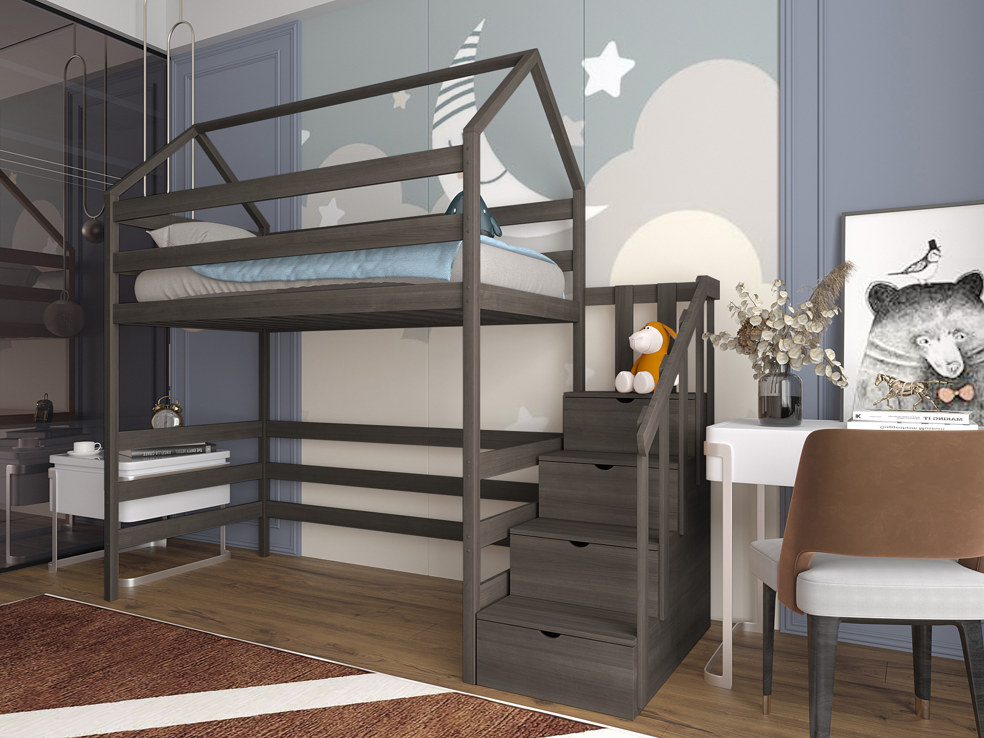 фото Кровать детская moonlees чердак с лестницей-комодом, спальное место 160х80, масло графит