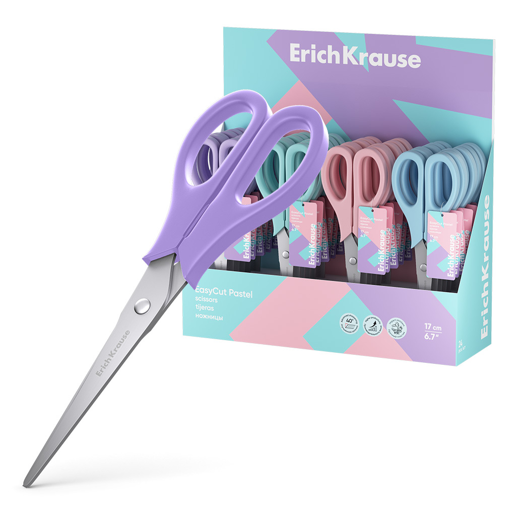 

Ножницы ErichKrause EasyCut Pastel 60874 17 см, в дисплее по 24 шт, Разноцветный