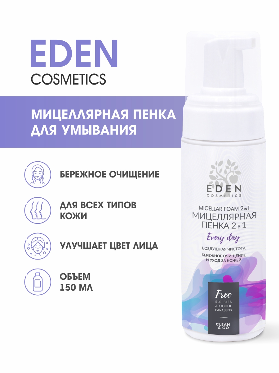 Мицеллярная Пенка для умывания и снятия макияжа Eden 2в1 Воздушная чистота 160мл