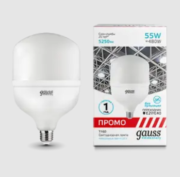 

Лампа Gauss Elementary T160 55W 5250lm 4100K E27/E40 Promo LED 1/8