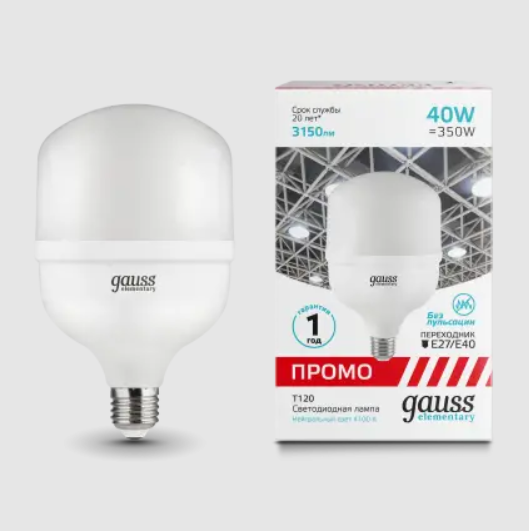 фото Лампа gauss elementary t120 40w 3150lm 4100k e27/e40 promo led 1/20