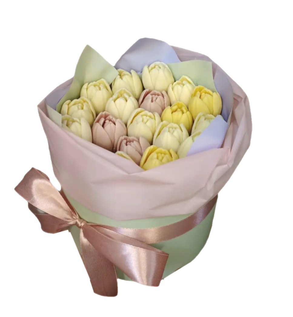 

Шоколадные тюльпаны букет в шляпной коробке ShokoTrendy 19 шт, 300 г, Шоколадные тюльпаны букет