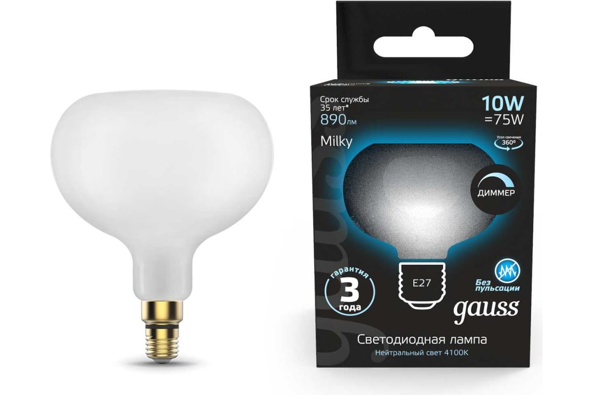 

Лампа Gauss Filament А190 10W 890lm 4100К Е27 milky диммируемая LED 1/6