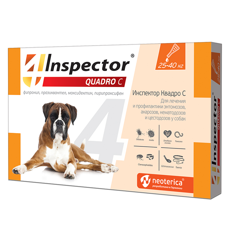 

Капли для собак против блох, власоедов, вшей, клещей Inspector, 25-40 кг, 1 пипетка, 4 мл
